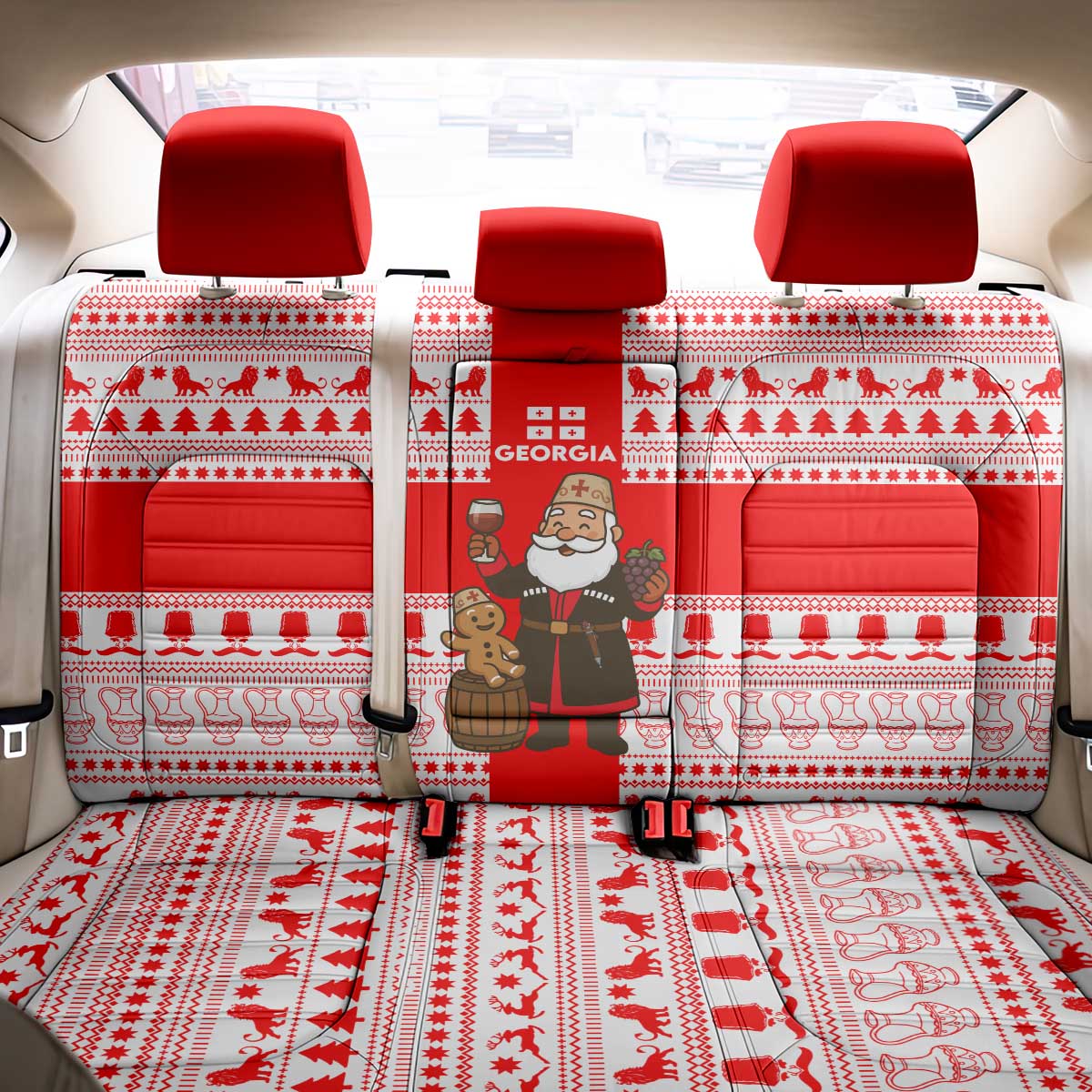 Georgia Christmas Back Car Seat Cover with Santa in Chokha Wine Barrel Gingerbread and Coat of Arms Design - Wonder Print Shop