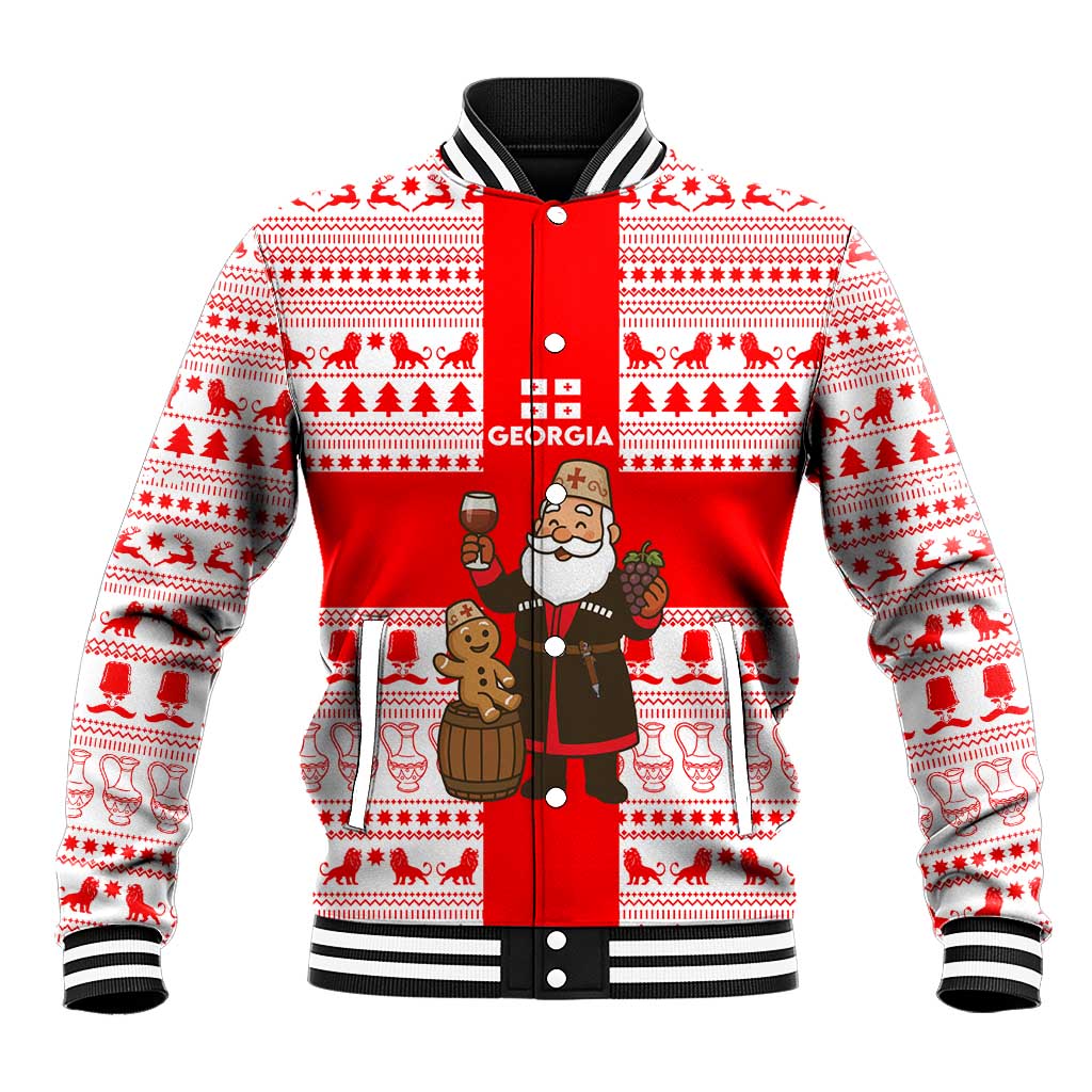 Georgia Christmas Baseball Jacket with Santa in Chokha Wine Barrel Gingerbread and Coat of Arms Design - Wonder Print Shop