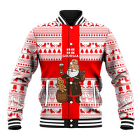 Georgia Christmas Baseball Jacket with Santa in Chokha Wine Barrel Gingerbread and Coat of Arms Design - Wonder Print Shop