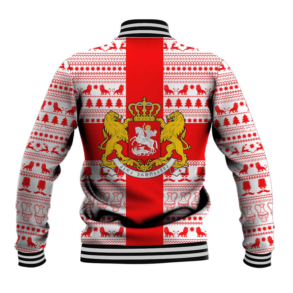 Georgia Christmas Baseball Jacket with Santa in Chokha Wine Barrel Gingerbread and Coat of Arms Design - Wonder Print Shop