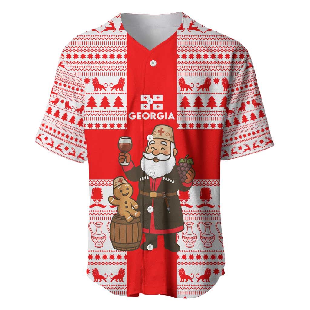 Georgia Christmas Baseball Jersey with Santa in Chokha Wine Barrel Gingerbread and Coat of Arms Design - Wonder Print Shop