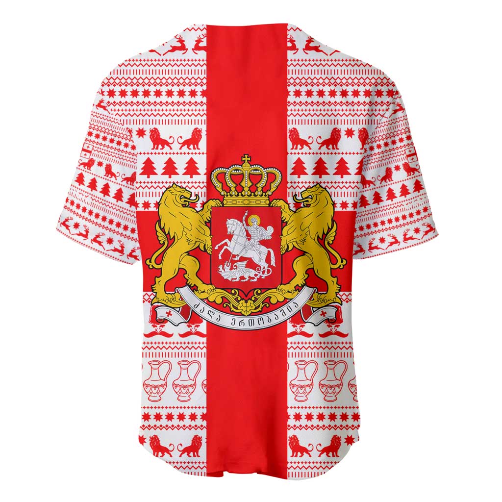 Georgia Christmas Baseball Jersey with Santa in Chokha Wine Barrel Gingerbread and Coat of Arms Design - Wonder Print Shop