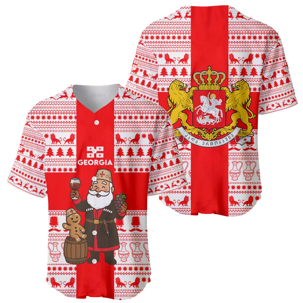 Georgia Christmas Baseball Jersey with Santa in Chokha Wine Barrel Gingerbread and Coat of Arms Design - Wonder Print Shop