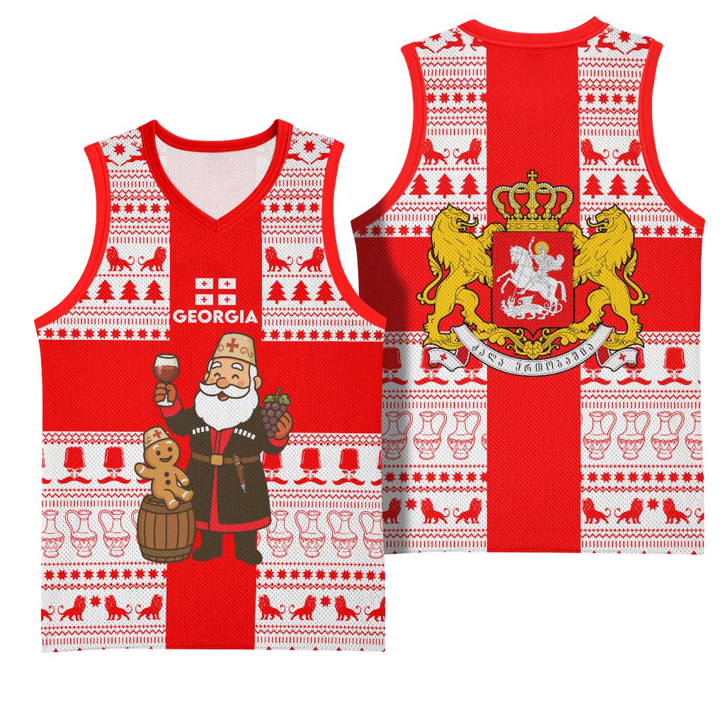 Georgia Christmas Basketball Jersey with Santa in Chokha Wine Barrel Gingerbread and Coat of Arms Design - Wonder Print Shop