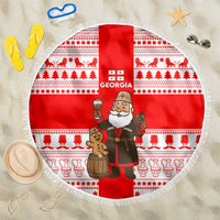 Georgia Christmas Beach Blanket with Santa in Chokha Wine Barrel Gingerbread and Coat of Arms Design - Wonder Print Shop
