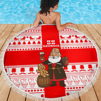 Georgia Christmas Beach Blanket with Santa in Chokha Wine Barrel Gingerbread and Coat of Arms Design - Wonder Print Shop