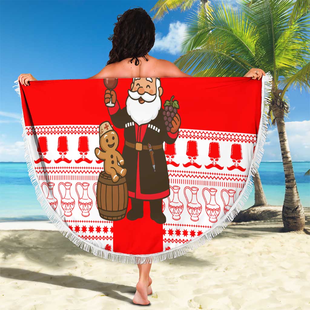 Georgia Christmas Beach Blanket with Santa in Chokha Wine Barrel Gingerbread and Coat of Arms Design - Wonder Print Shop