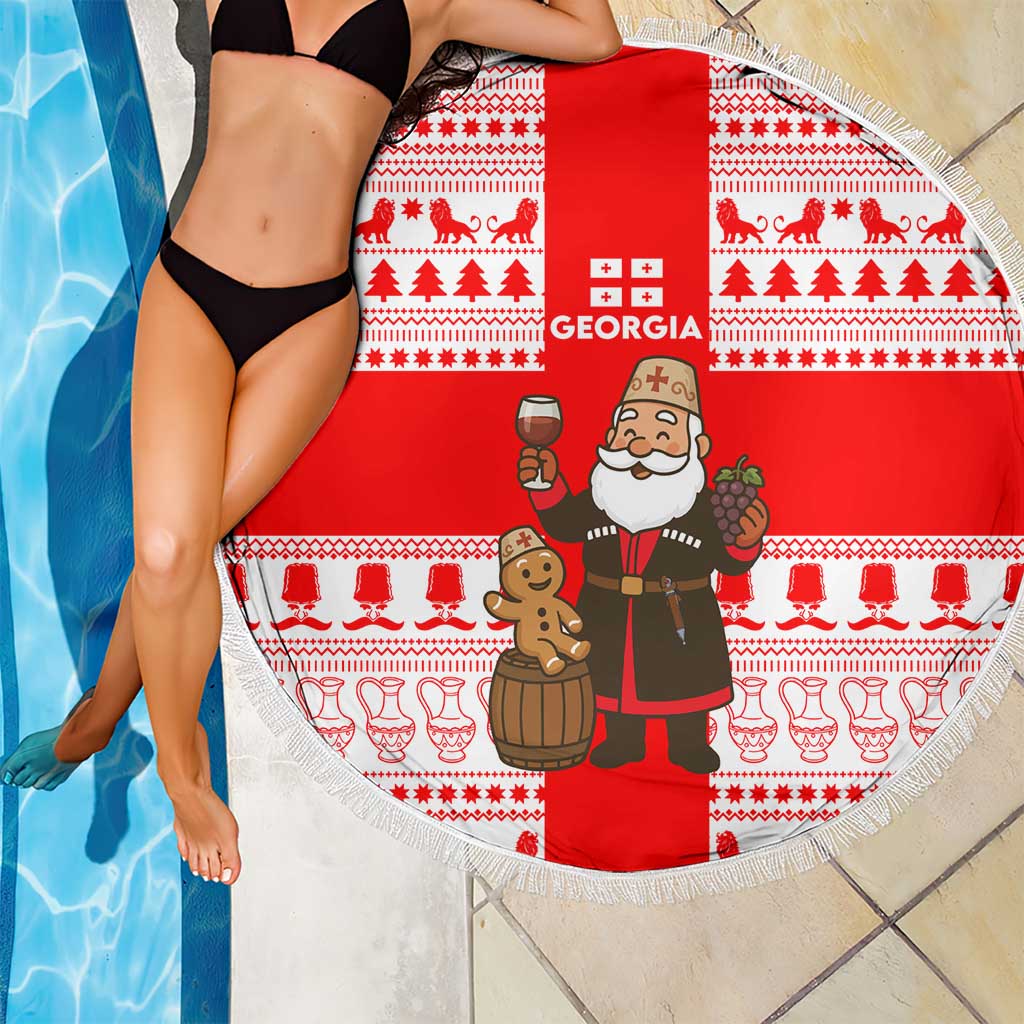 Georgia Christmas Beach Blanket with Santa in Chokha Wine Barrel Gingerbread and Coat of Arms Design - Wonder Print Shop
