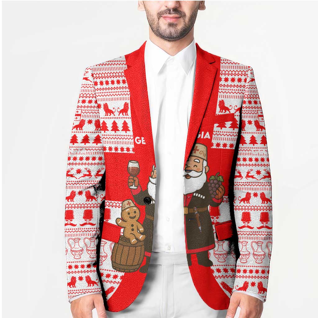 Georgia Christmas Blazer with Santa in Chokha Wine Barrel Gingerbread and Coat of Arms Design - Wonder Print Shop