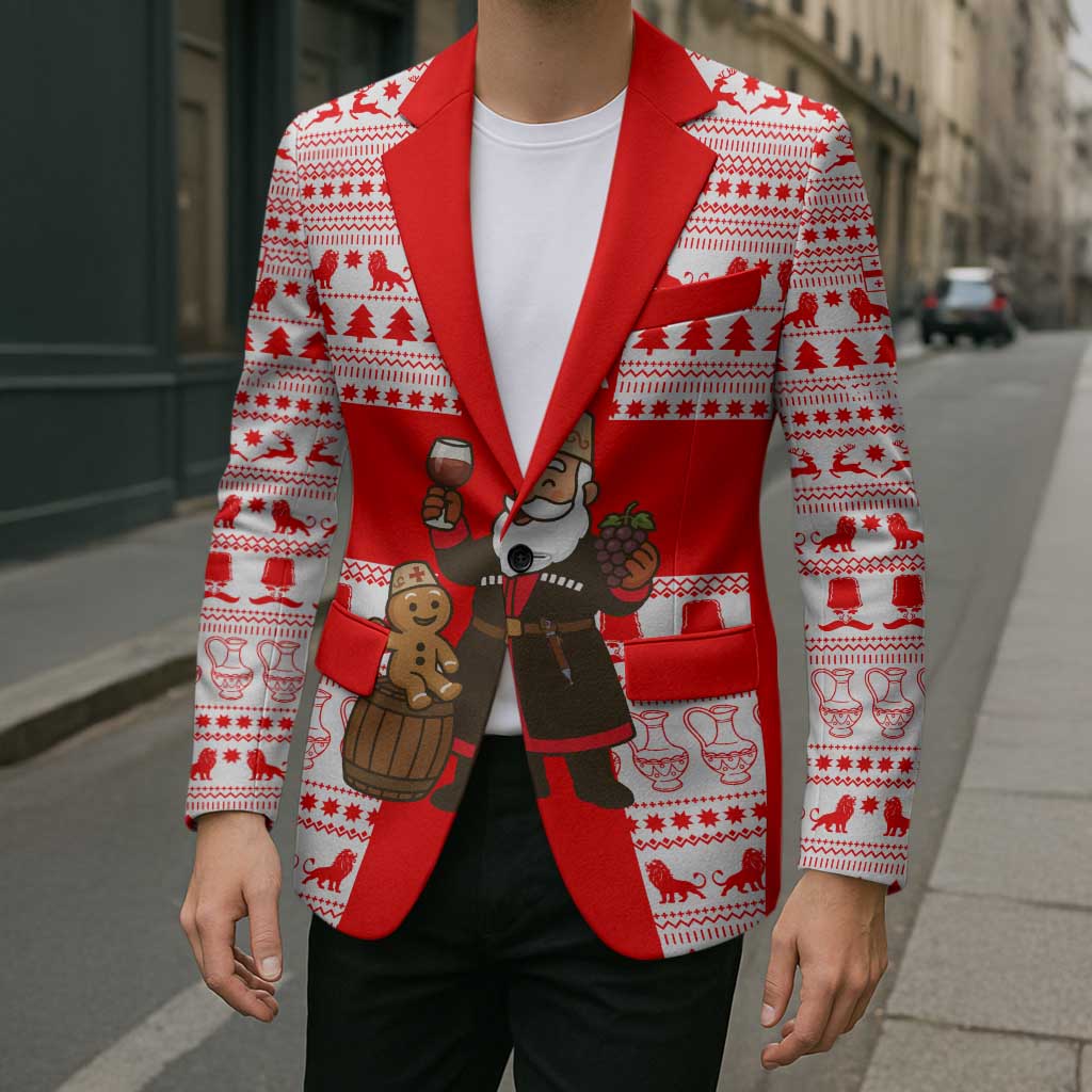 Georgia Christmas Blazer with Santa in Chokha Wine Barrel Gingerbread and Coat of Arms Design - Wonder Print Shop