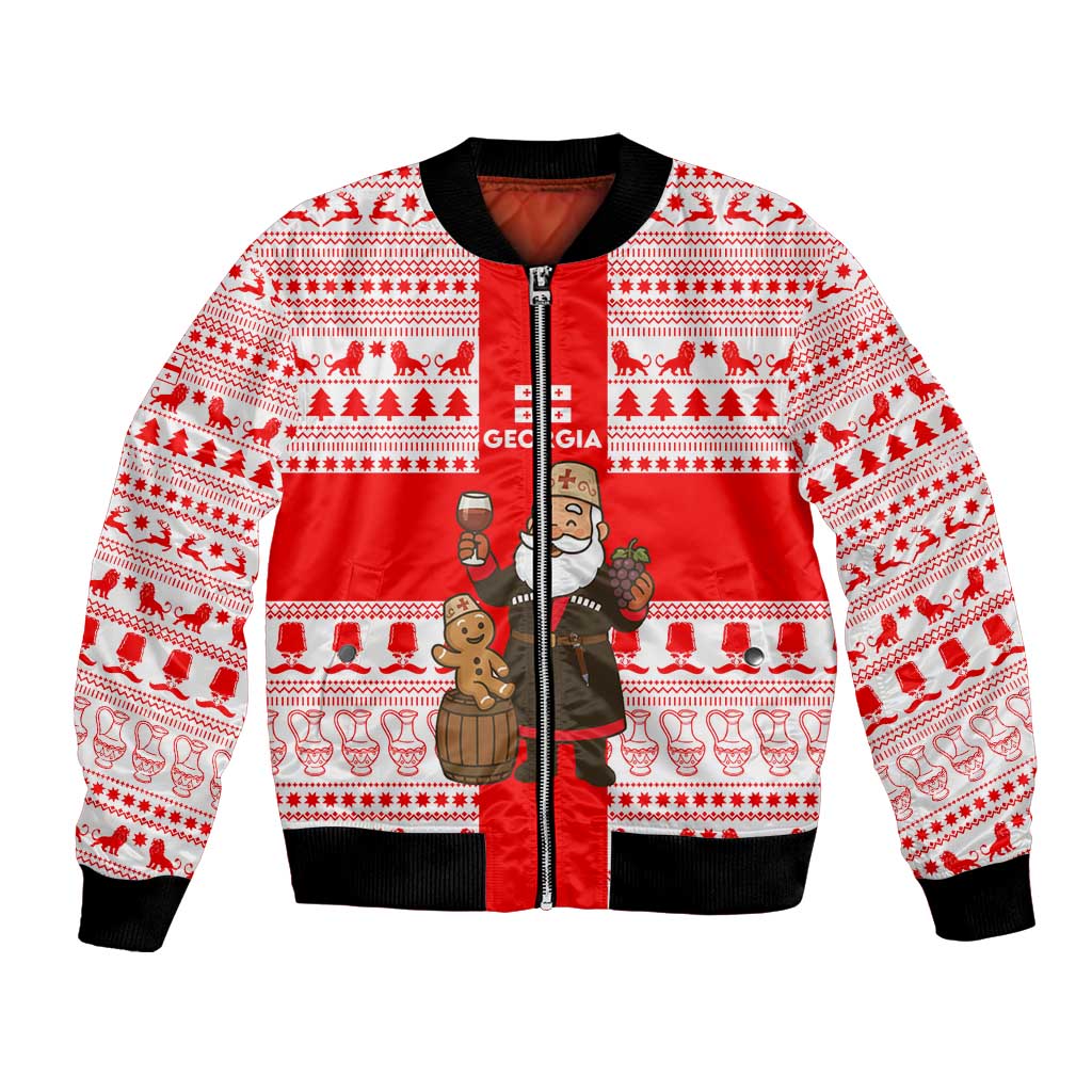Georgia Christmas Bomber Jacket with Santa in Chokha Wine Barrel Gingerbread and Coat of Arms Design - Wonder Print Shop