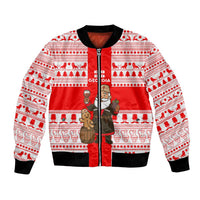 Georgia Christmas Bomber Jacket with Santa in Chokha Wine Barrel Gingerbread and Coat of Arms Design - Wonder Print Shop