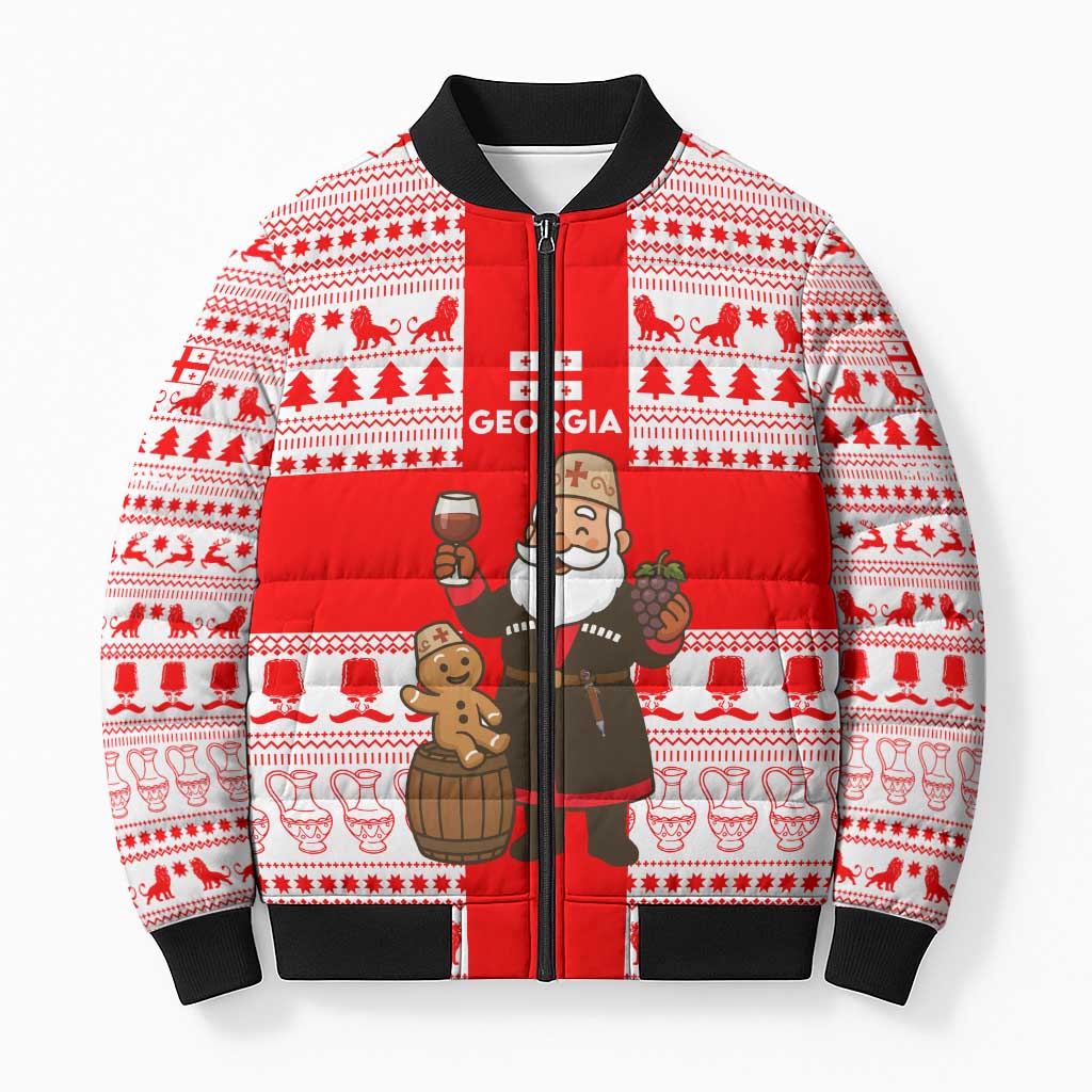 Georgia Christmas Bomber Puffer Jacket with Santa in Chokha Wine Barrel Gingerbread and Coat of Arms Design - Wonder Print Shop