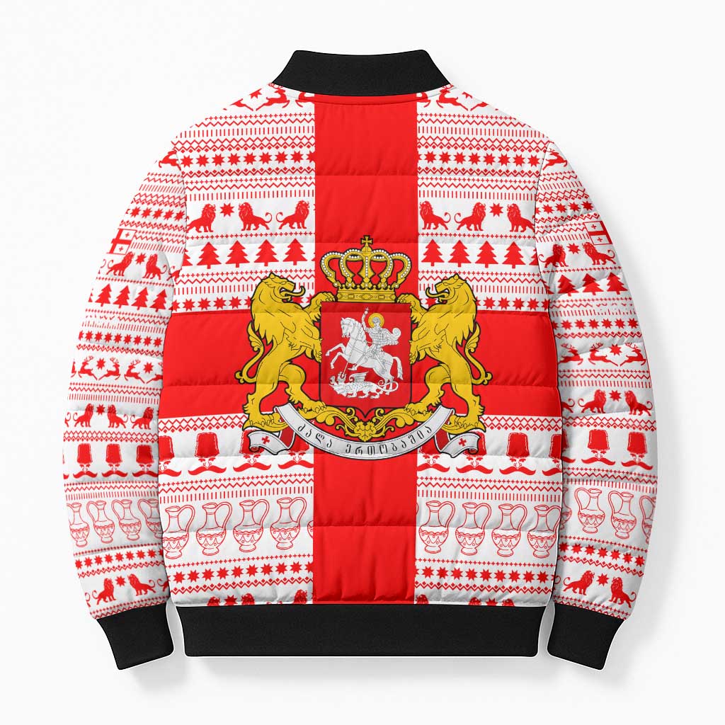 Georgia Christmas Bomber Puffer Jacket with Santa in Chokha Wine Barrel Gingerbread and Coat of Arms Design - Wonder Print Shop