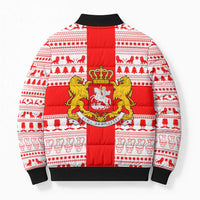 Georgia Christmas Bomber Puffer Jacket with Santa in Chokha Wine Barrel Gingerbread and Coat of Arms Design - Wonder Print Shop