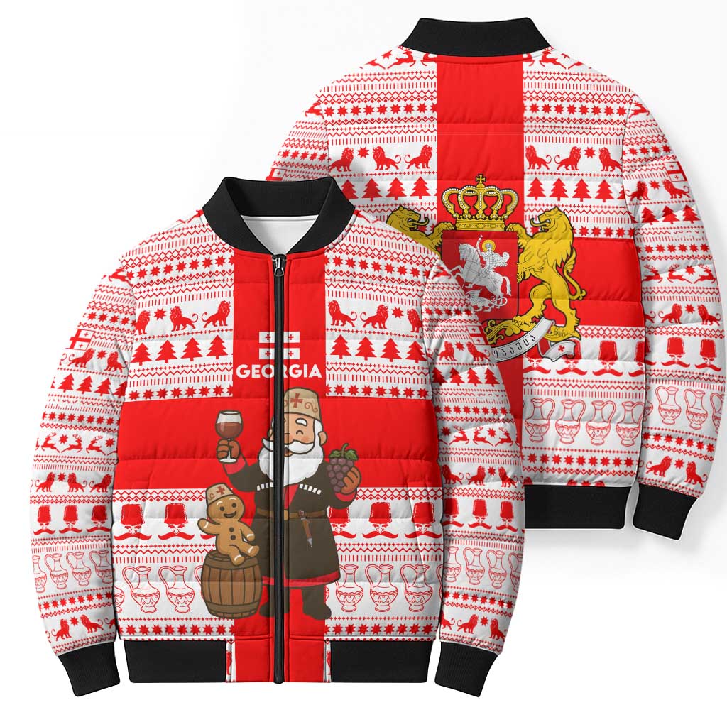 Georgia Christmas Bomber Puffer Jacket with Santa in Chokha Wine Barrel Gingerbread and Coat of Arms Design - Wonder Print Shop