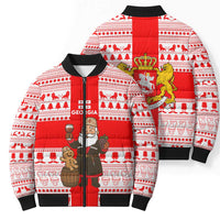 Georgia Christmas Bomber Puffer Jacket with Santa in Chokha Wine Barrel Gingerbread and Coat of Arms Design - Wonder Print Shop