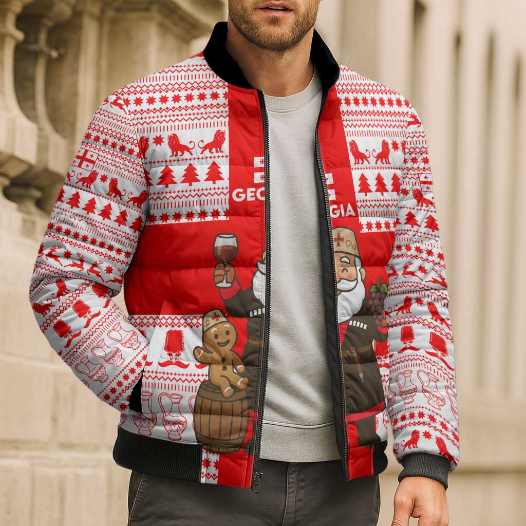 Georgia Christmas Bomber Puffer Jacket with Santa in Chokha Wine Barrel Gingerbread and Coat of Arms Design - Wonder Print Shop