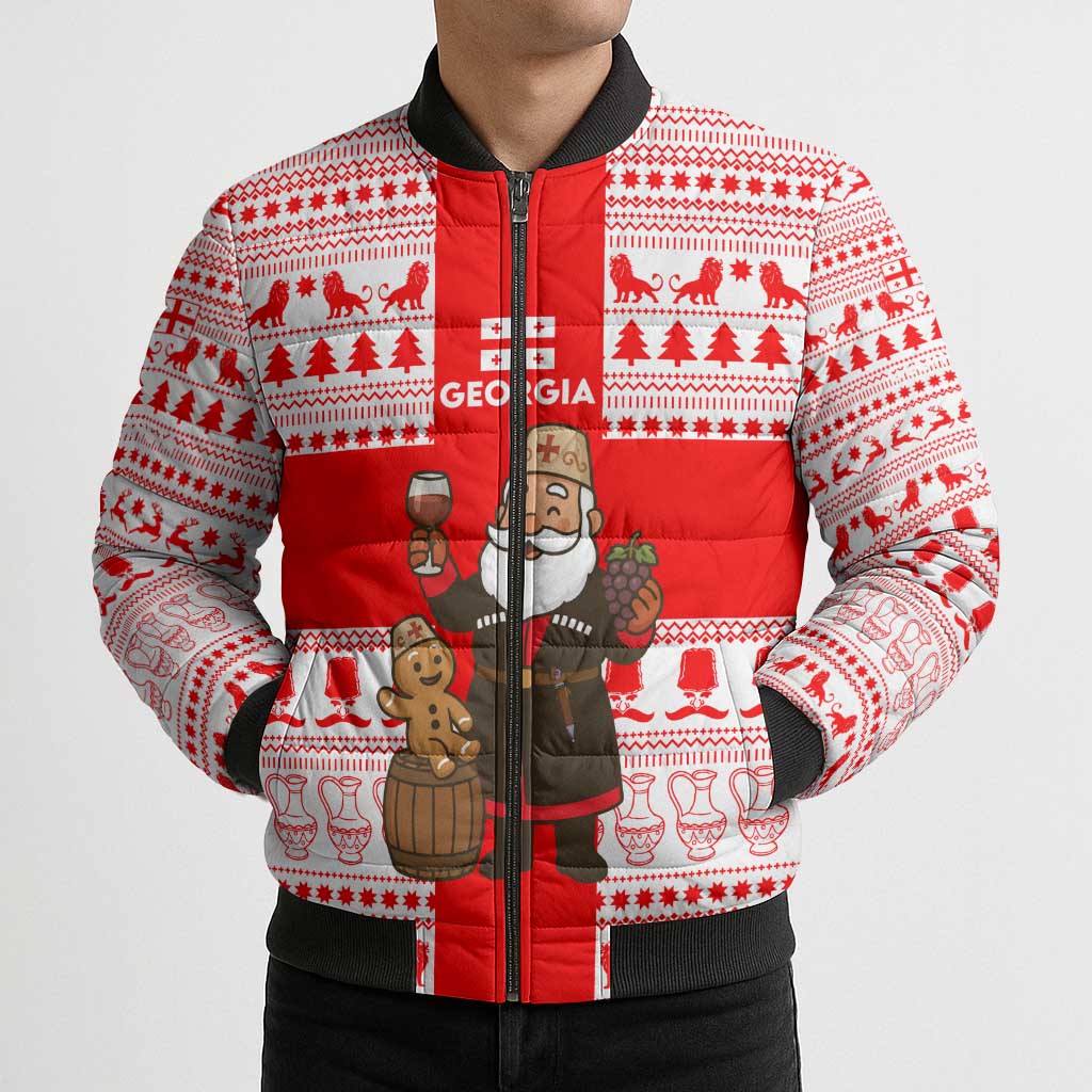 Georgia Christmas Bomber Puffer Jacket with Santa in Chokha Wine Barrel Gingerbread and Coat of Arms Design - Wonder Print Shop
