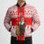 Georgia Christmas Bomber Puffer Jacket with Santa in Chokha Wine Barrel Gingerbread and Coat of Arms Design - Wonder Print Shop
