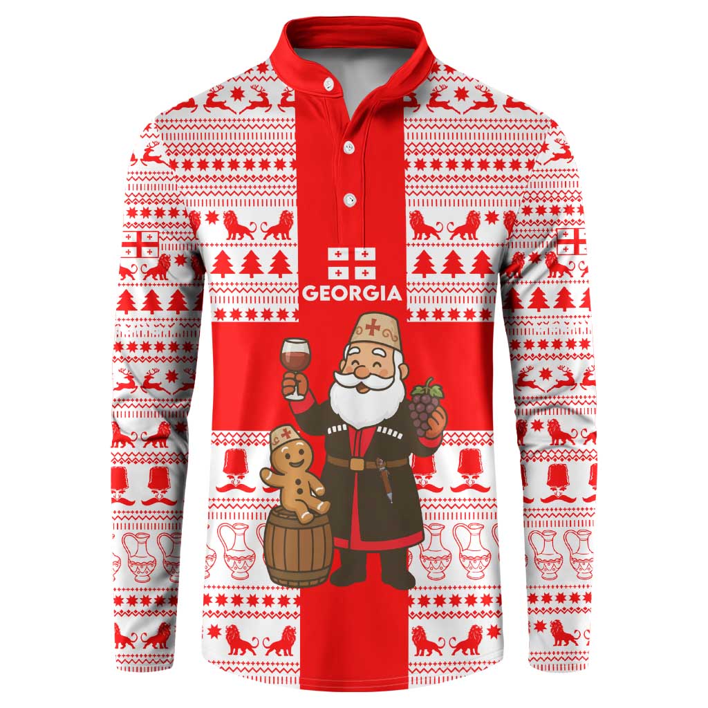 Georgia Christmas Button Sweatshirt with Santa in Chokha Wine Barrel Gingerbread and Coat of Arms Design - Wonder Print Shop