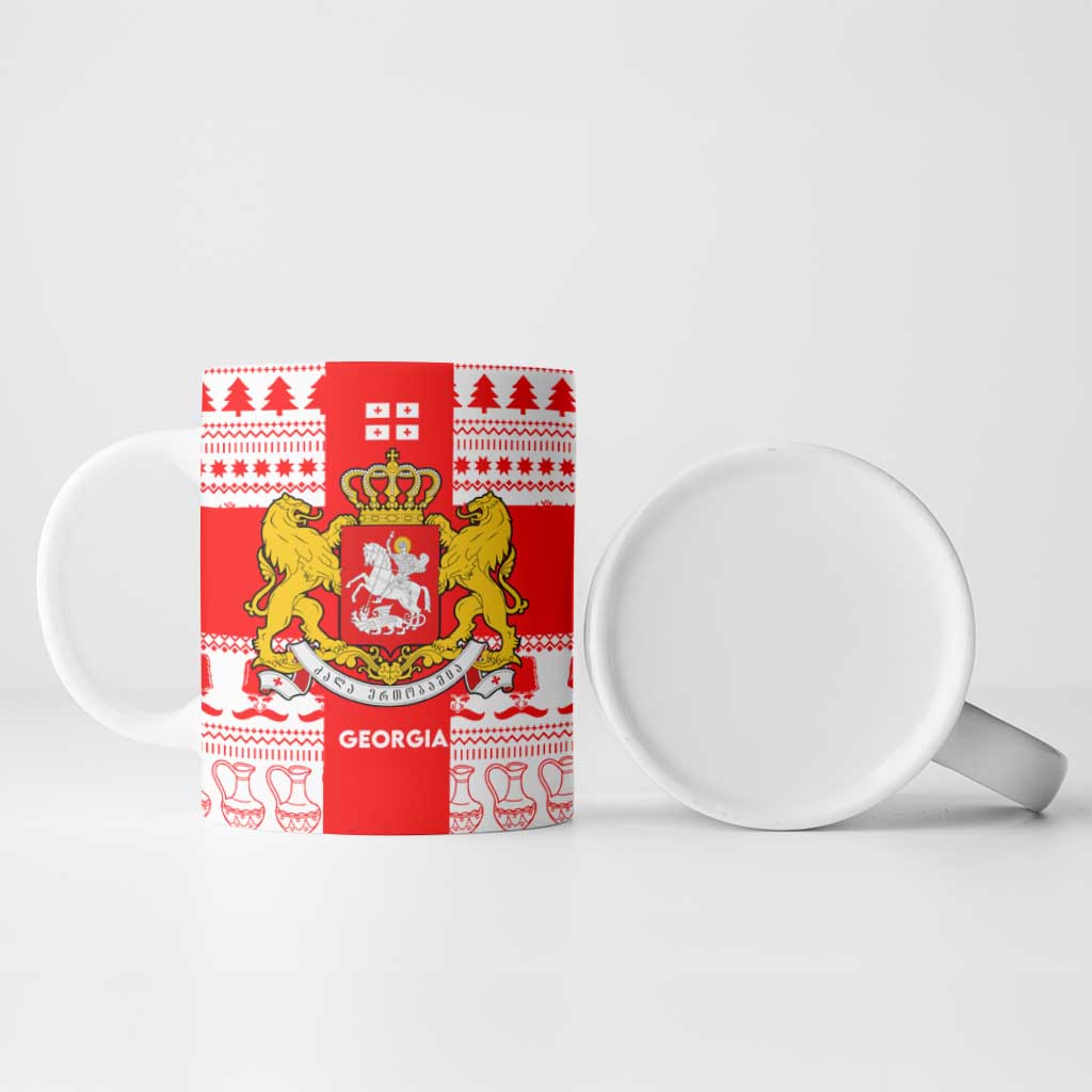 Georgia Christmas Ceramic Mug with Santa in Chokha Wine Barrel Gingerbread and Coat of Arms Design - Wonder Print Shop