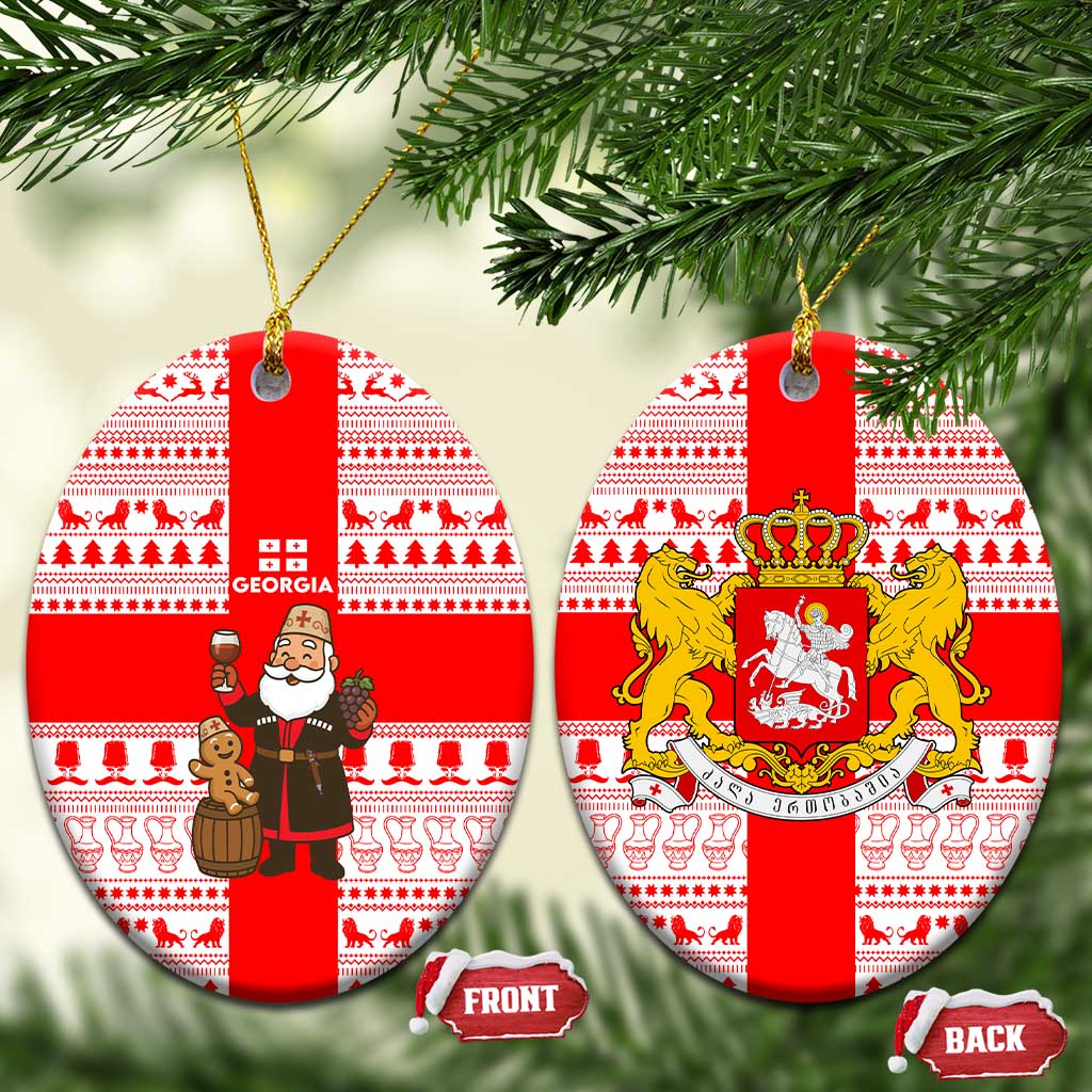 Georgia Christmas Ceramic Ornament with Santa in Chokha Wine Barrel Gingerbread and Coat of Arms Design - Wonder Print Shop