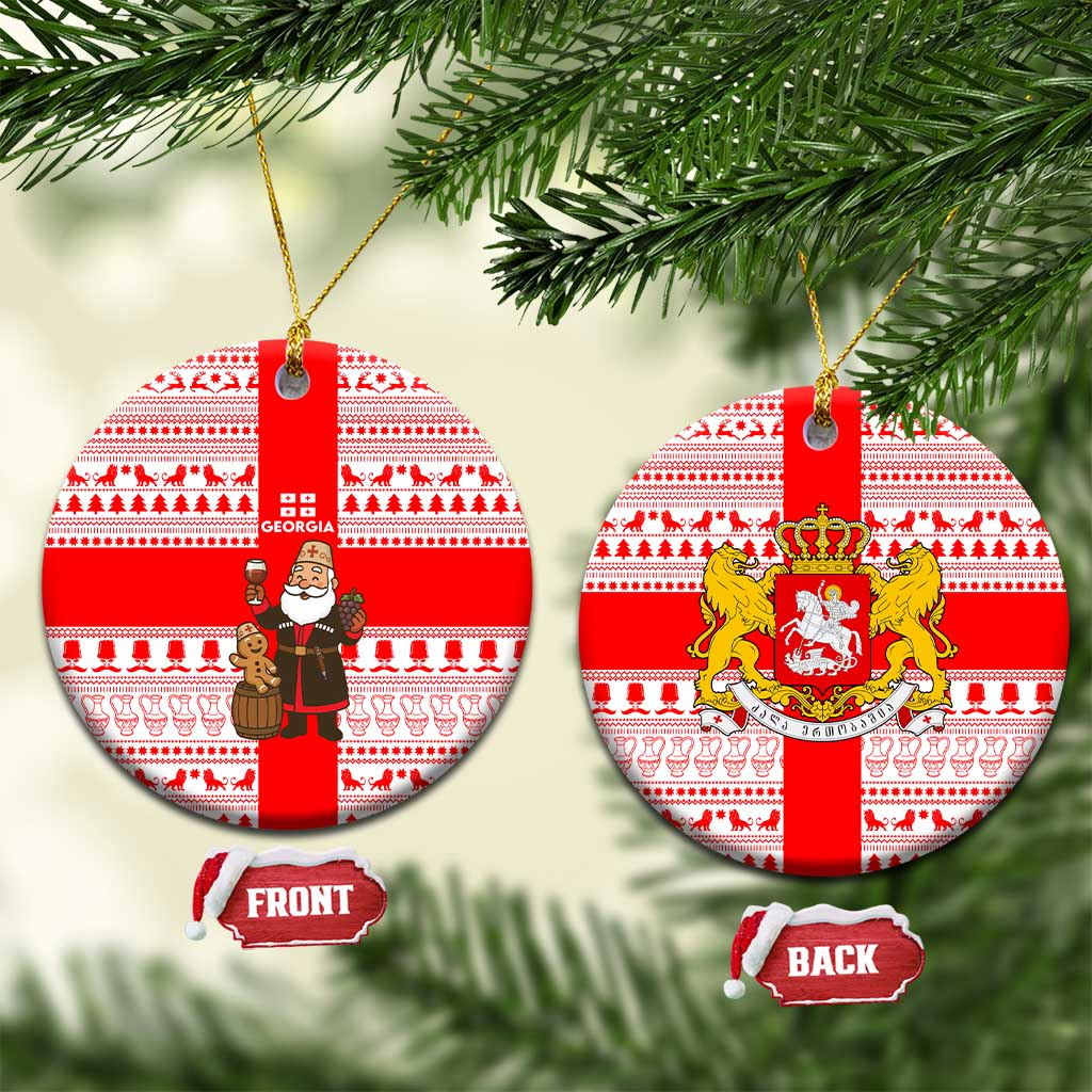 Georgia Christmas Ceramic Ornament with Santa in Chokha Wine Barrel Gingerbread and Coat of Arms Design - Wonder Print Shop