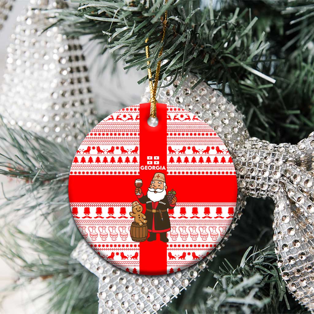 Georgia Christmas Ceramic Ornament with Santa in Chokha Wine Barrel Gingerbread and Coat of Arms Design - Wonder Print Shop