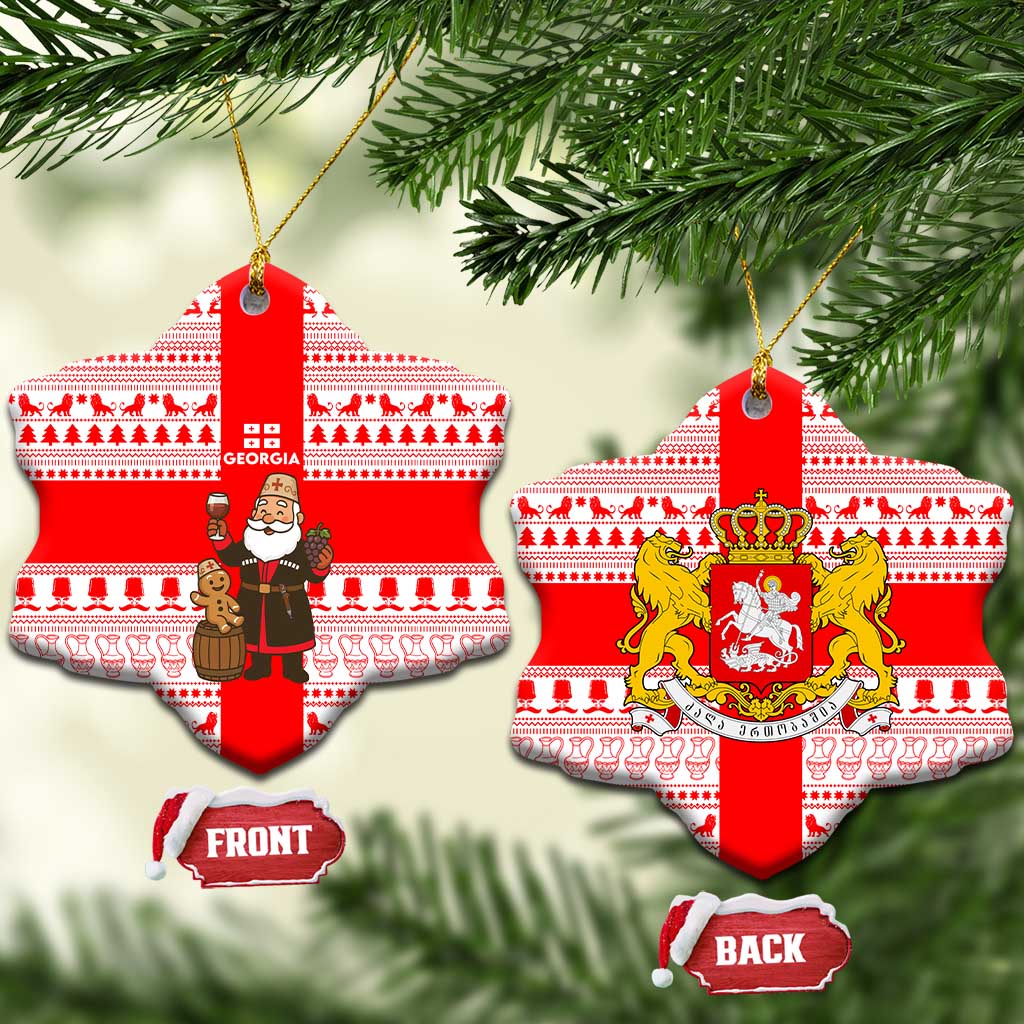 Georgia Christmas Ceramic Ornament with Santa in Chokha Wine Barrel Gingerbread and Coat of Arms Design - Wonder Print Shop