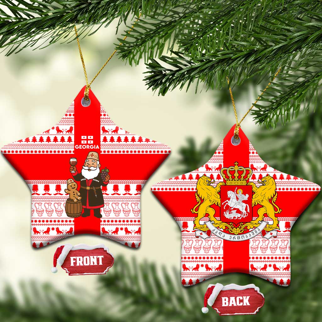 Georgia Christmas Ceramic Ornament with Santa in Chokha Wine Barrel Gingerbread and Coat of Arms Design - Wonder Print Shop