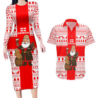 Georgia Christmas Couples Matching Long Sleeve Bodycon Dress and Hawaiian Shirt with Santa in Chokha Wine Barrel Gingerbread and Coat of Arms Design - Wonder Print Shop
