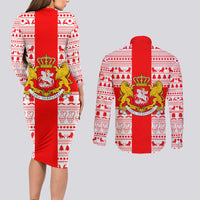 Georgia Christmas Couples Matching Long Sleeve Bodycon Dress and Long Sleeve Button Shirt with Santa in Chokha Wine Barrel Gingerbread and Coat of Arms Design - Wonder Print Shop