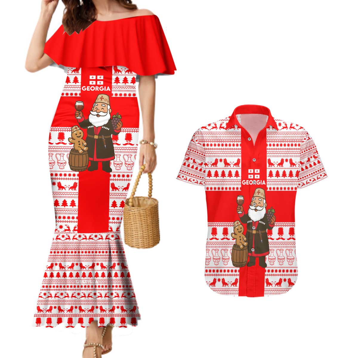 Georgia Christmas Couples Matching Mermaid Dress and Hawaiian Shirt with Santa in Chokha Wine Barrel Gingerbread and Coat of Arms Design - Wonder Print Shop
