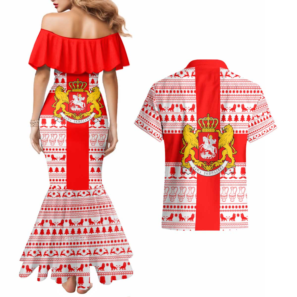 Georgia Christmas Couples Matching Mermaid Dress and Hawaiian Shirt with Santa in Chokha Wine Barrel Gingerbread and Coat of Arms Design - Wonder Print Shop