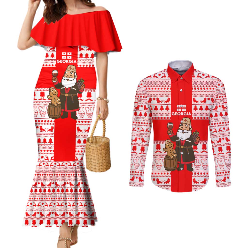 Georgia Christmas Couples Matching Mermaid Dress and Long Sleeve Button Shirt with Santa in Chokha Wine Barrel Gingerbread and Coat of Arms Design - Wonder Print Shop