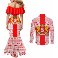 Georgia Christmas Couples Matching Mermaid Dress and Long Sleeve Button Shirt with Santa in Chokha Wine Barrel Gingerbread and Coat of Arms Design - Wonder Print Shop