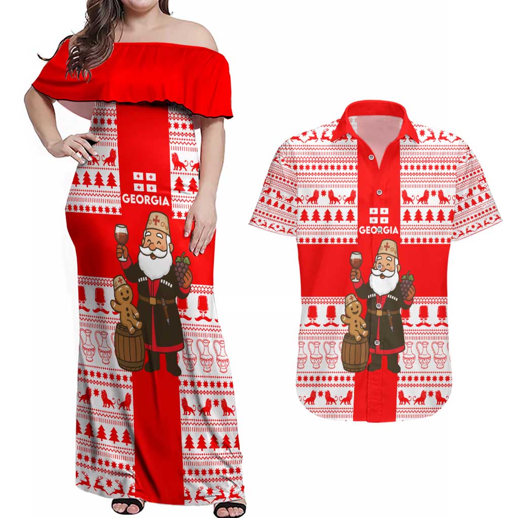 Georgia Christmas Couples Matching Off Shoulder Maxi Dress and Hawaiian Shirt with Santa in Chokha Wine Barrel Gingerbread and Coat of Arms Design - Wonder Print Shop
