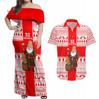 Georgia Christmas Couples Matching Off Shoulder Maxi Dress and Hawaiian Shirt with Santa in Chokha Wine Barrel Gingerbread and Coat of Arms Design - Wonder Print Shop