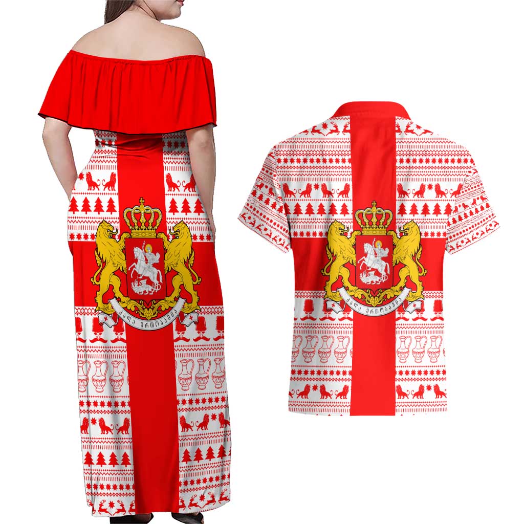 Georgia Christmas Couples Matching Off Shoulder Maxi Dress and Hawaiian Shirt with Santa in Chokha Wine Barrel Gingerbread and Coat of Arms Design - Wonder Print Shop