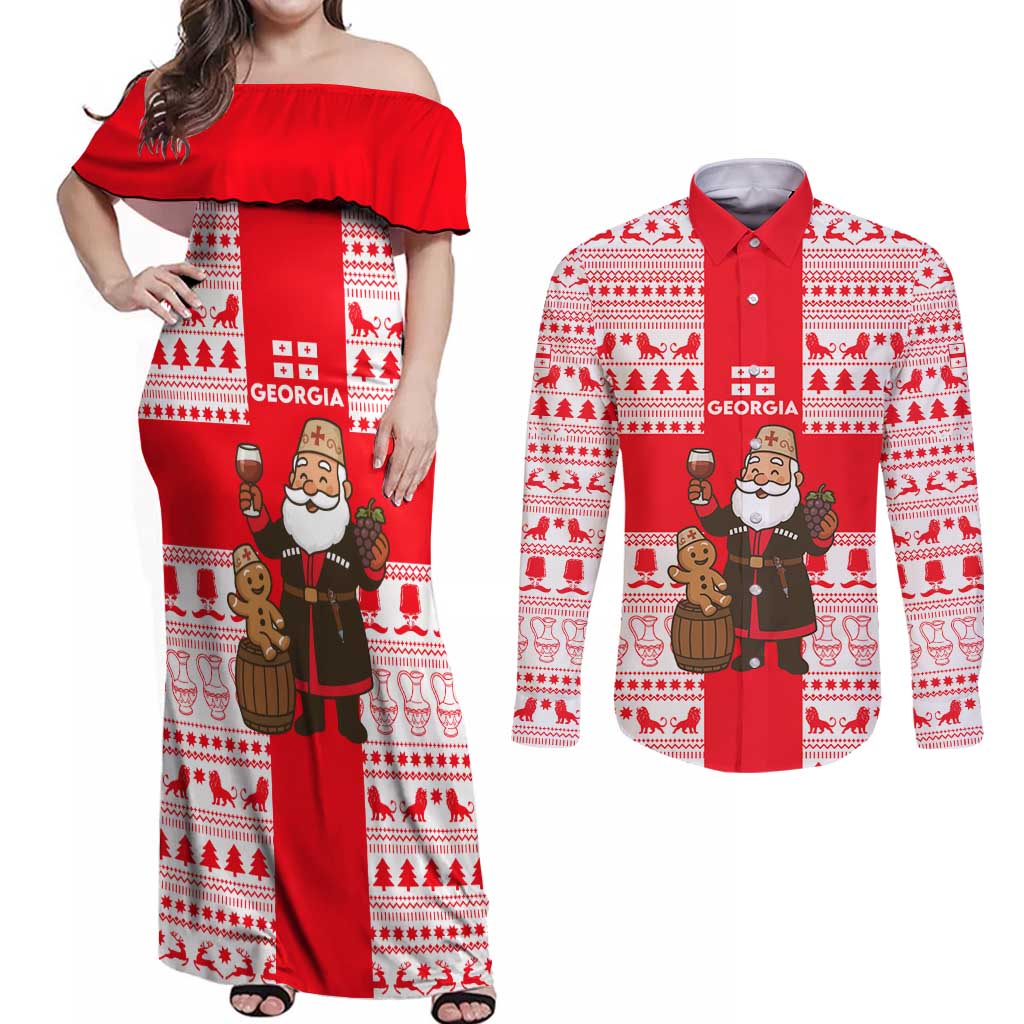 Georgia Christmas Couples Matching Off Shoulder Maxi Dress and Long Sleeve Button Shirt with Santa in Chokha Wine Barrel Gingerbread and Coat of Arms Design - Wonder Print Shop