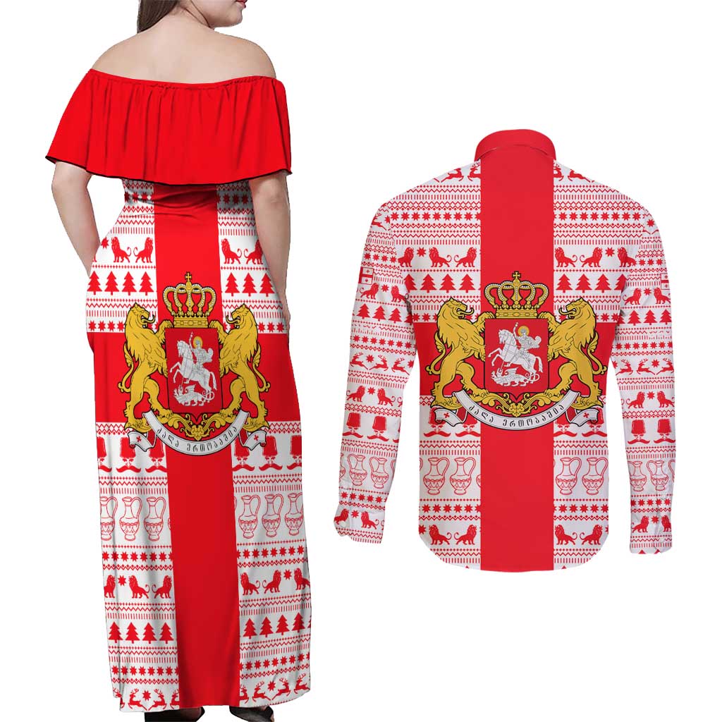 Georgia Christmas Couples Matching Off Shoulder Maxi Dress and Long Sleeve Button Shirt with Santa in Chokha Wine Barrel Gingerbread and Coat of Arms Design - Wonder Print Shop