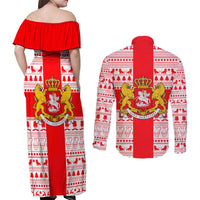 Georgia Christmas Couples Matching Off Shoulder Maxi Dress and Long Sleeve Button Shirt with Santa in Chokha Wine Barrel Gingerbread and Coat of Arms Design - Wonder Print Shop