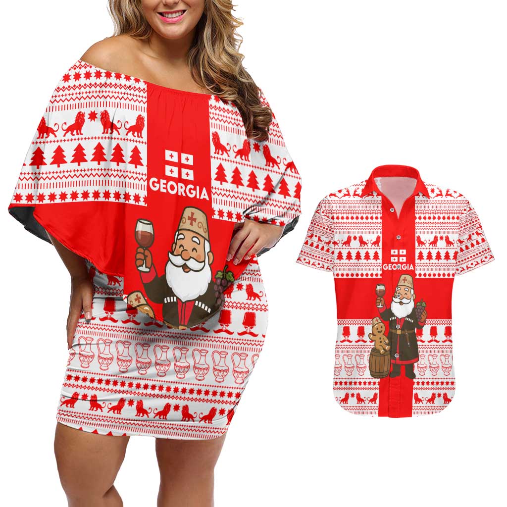 Georgia Christmas Couples Matching Off Shoulder Short Dress and Hawaiian Shirt with Santa in Chokha Wine Barrel Gingerbread and Coat of Arms Design - Wonder Print Shop