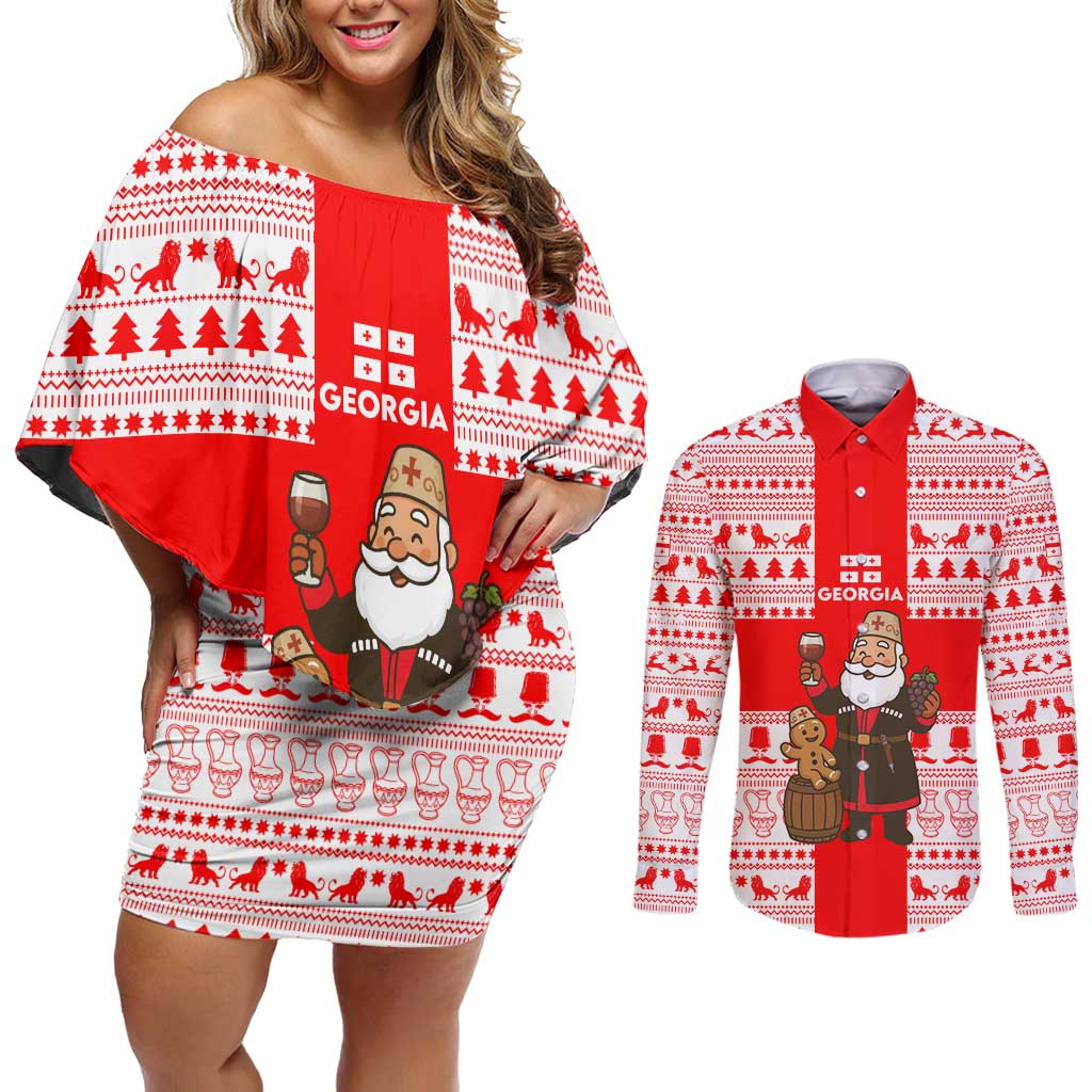 Georgia Christmas Couples Matching Off Shoulder Short Dress and Long Sleeve Button Shirt with Santa in Chokha Wine Barrel Gingerbread and Coat of Arms Design - Wonder Print Shop