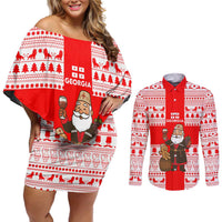 Georgia Christmas Couples Matching Off Shoulder Short Dress and Long Sleeve Button Shirt with Santa in Chokha Wine Barrel Gingerbread and Coat of Arms Design - Wonder Print Shop