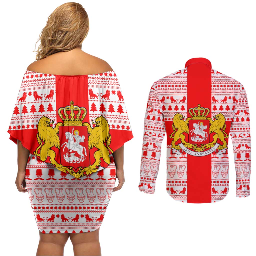 Georgia Christmas Couples Matching Off Shoulder Short Dress and Long Sleeve Button Shirt with Santa in Chokha Wine Barrel Gingerbread and Coat of Arms Design - Wonder Print Shop