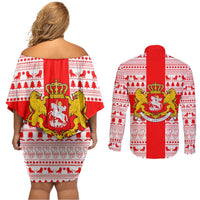 Georgia Christmas Couples Matching Off Shoulder Short Dress and Long Sleeve Button Shirt with Santa in Chokha Wine Barrel Gingerbread and Coat of Arms Design - Wonder Print Shop