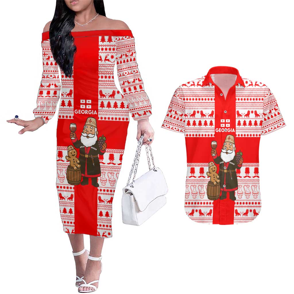 Georgia Christmas Couples Matching Off The Shoulder Long Sleeve Dress and Hawaiian Shirt with Santa in Chokha Wine Barrel Gingerbread and Coat of Arms Design - Wonder Print Shop