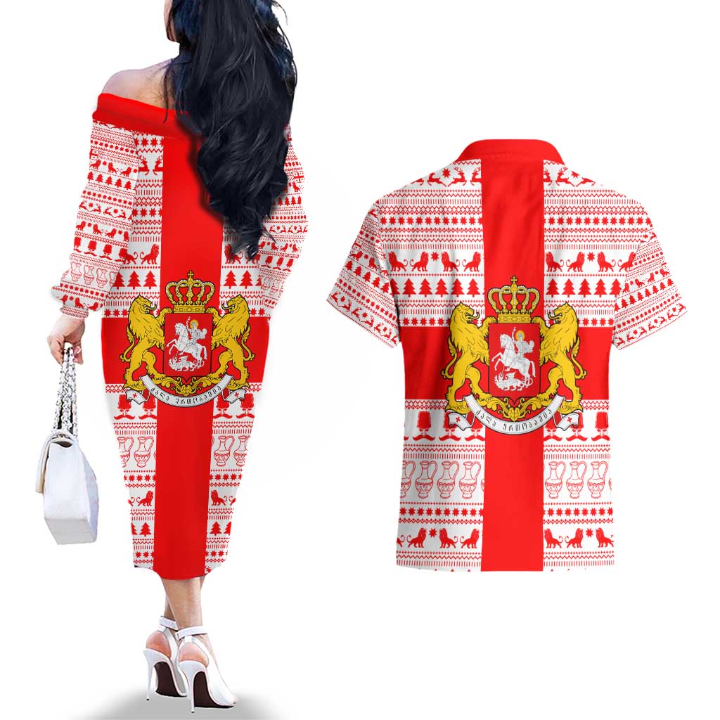 Georgia Christmas Couples Matching Off The Shoulder Long Sleeve Dress and Hawaiian Shirt with Santa in Chokha Wine Barrel Gingerbread and Coat of Arms Design - Wonder Print Shop